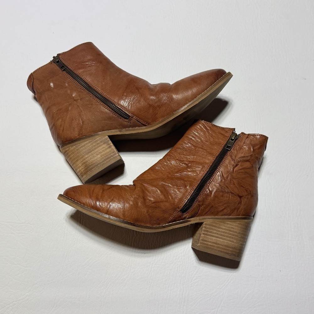 Diba True Hel Lina Ankle Boots Womens 9m Tan Leather Ruched Pointed Toe Boho View 2
